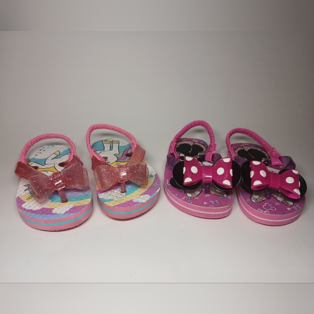 Two Pairs Of Little Girls Flip Flops. Minnie Mouse/Unicorn. Sizes 5-6